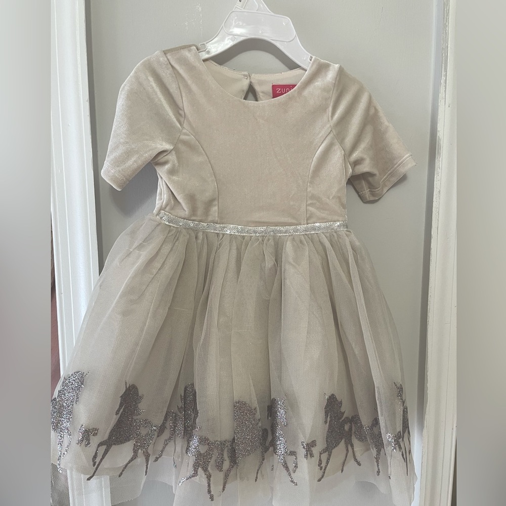 Toddler dress beige color velour top  perfect  for holiday